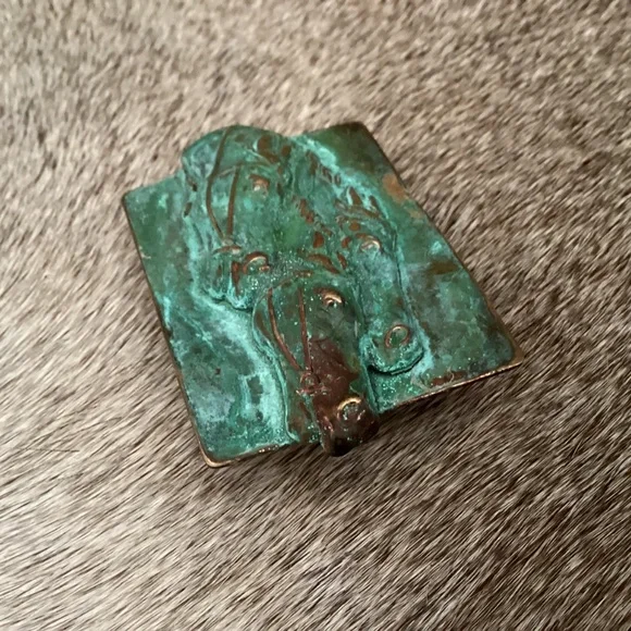 Vintage Elaine Coyne Modernist Brass Verdigris Patina Horse Head Belt Buckle